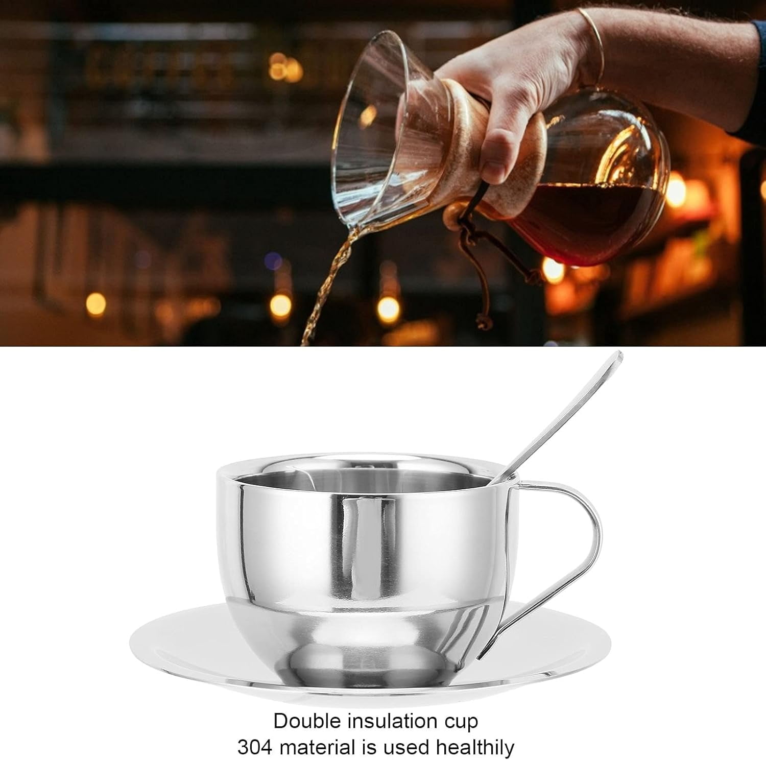 ABPETE Insulated Espresso Cup 4oz, Dual Wall Stainless Steel Coffee Mug with Saucer, Mirror Shatterproof Design, Cup and Saucer Set for Hot and Cold Beverages