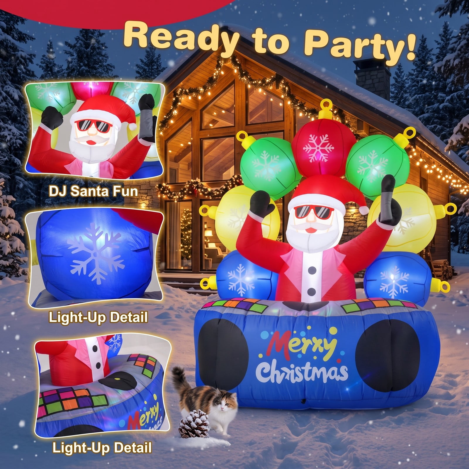 RUIE 6 FT Inflatable DJ Santa Claus with Rotating Music Light and Flashing RGB LEDs, Blow Up Christmas Yard Decoration for Outdoor Lawn Garden Holiday, Multi-Color