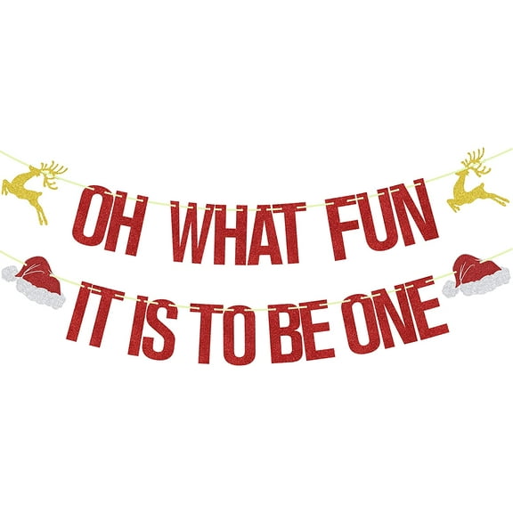 Oh What Fun It Is To Be One Banner,Christmas First Birthday Party Decor for Boy Girl,One Year Old Christmas Theme Birthday Baby Shower Party Decor Supplies Red