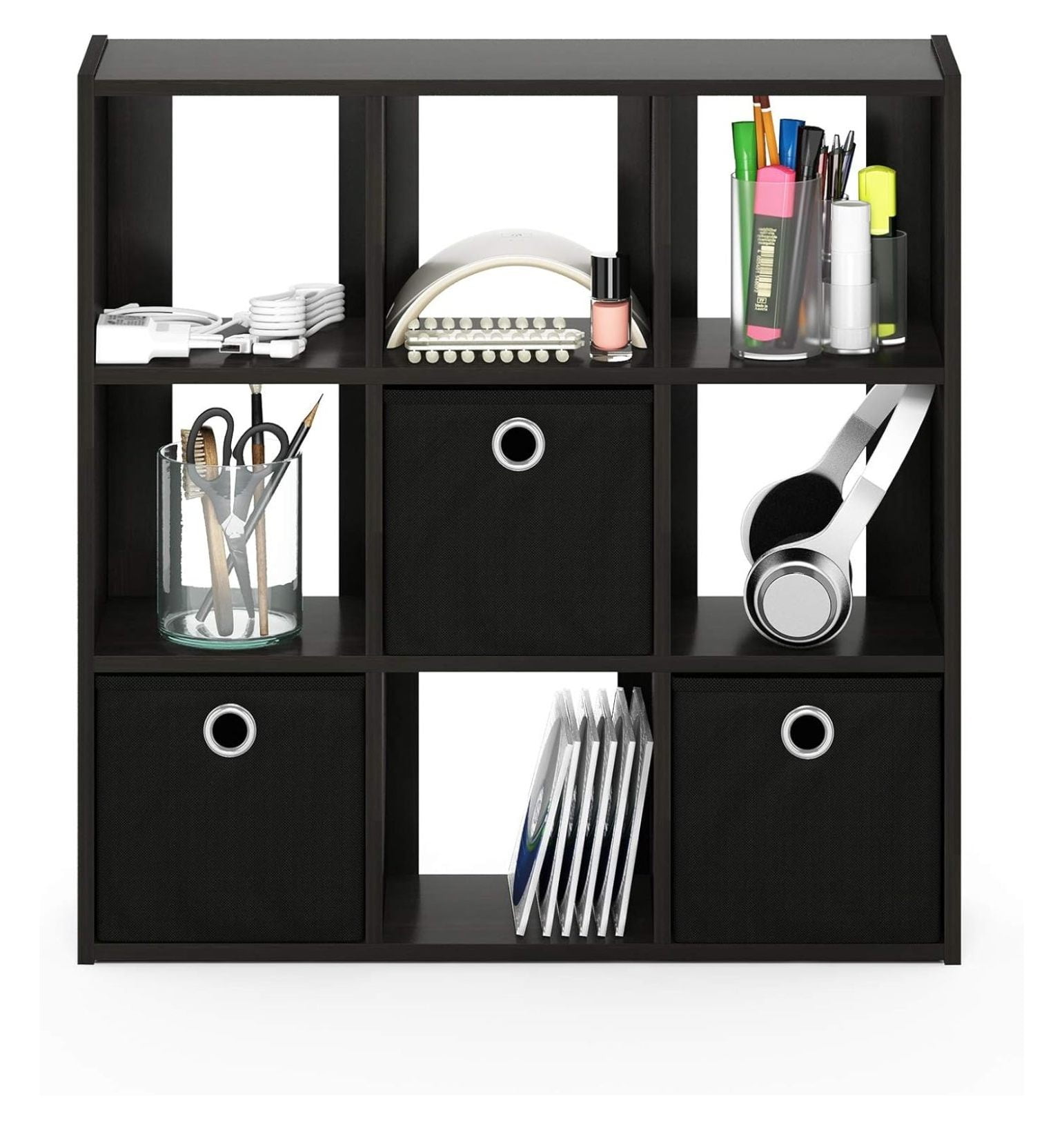 SONGMY Simplistic 9-Cube Organizer with Bins, Small Size (Assembled unit dimensions : 7.9"D x 26.5"W x 26.7"H inches), Espresso/Black