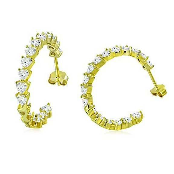 Gold Tone 925 Sterling Silver Heart Shaped Cubic Zirconia Hoop Earrings