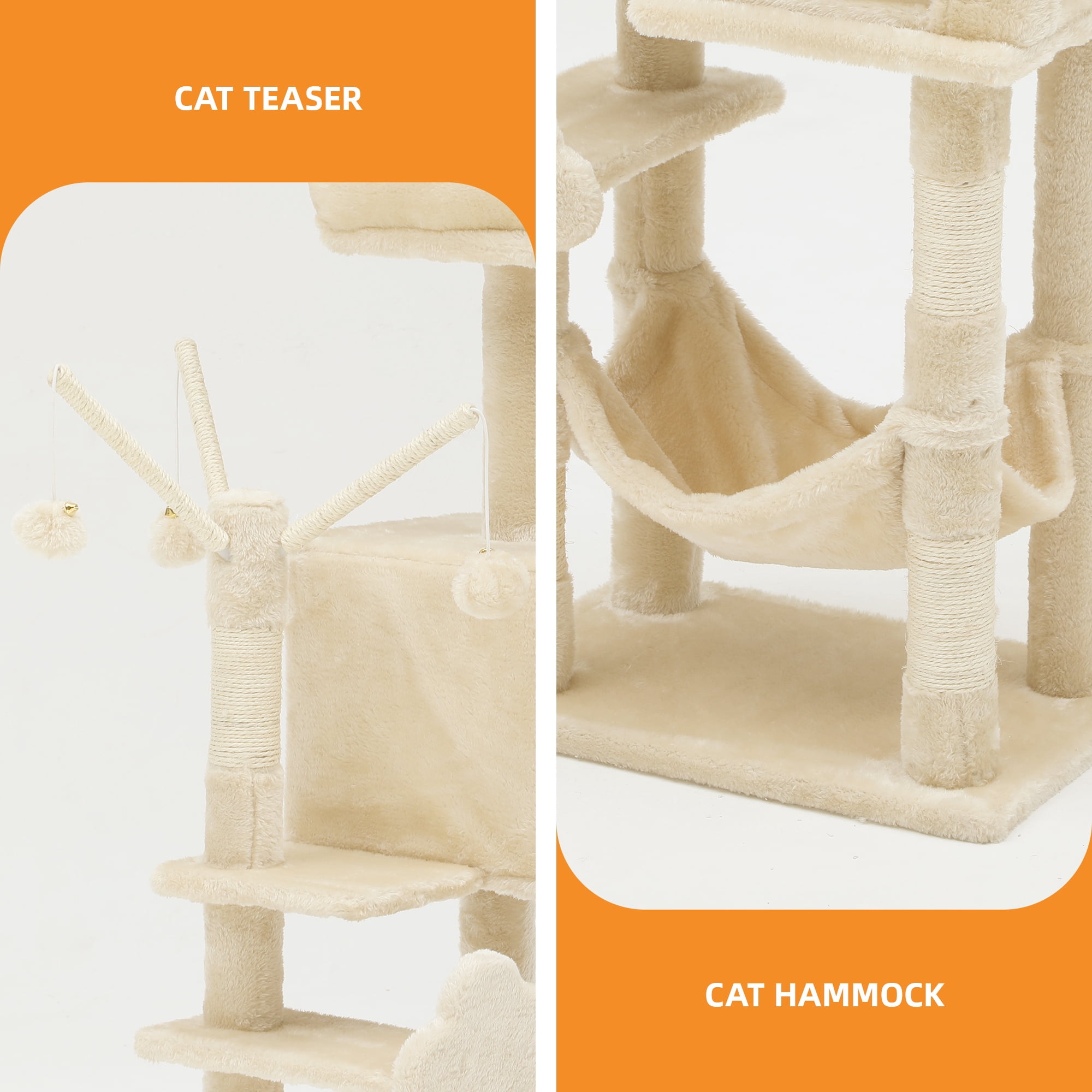 Uforic 44" Cat Tree Tower with Scratch Posts, Condo, Hammock & Toys, Beige