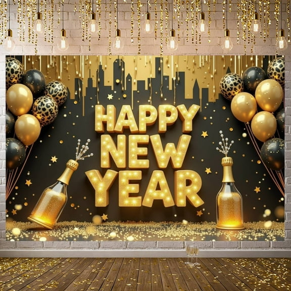 Gold Theme Happy New Year Banner Glitter Design New Year Banner Black Background Shiny Letters Celebration Banner for New Year Party Holiday Celebration Indoor Decoration