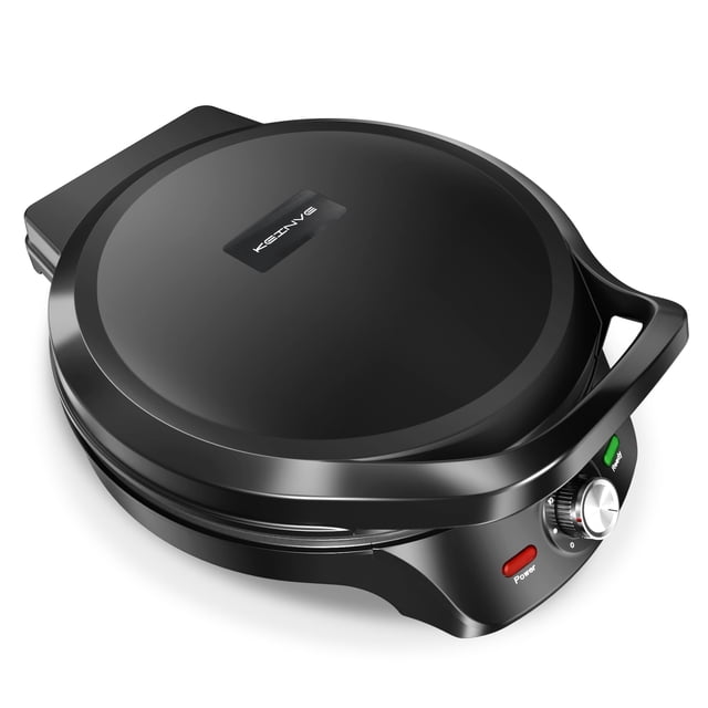 KEINVE 1500W Electric Griddle, 2-in-1 Indoor Griddle and Pizza Maker with 30-Min Timer and Auto Shut-Off, 12" 180° Open for BBQ, Steak, Burgers,