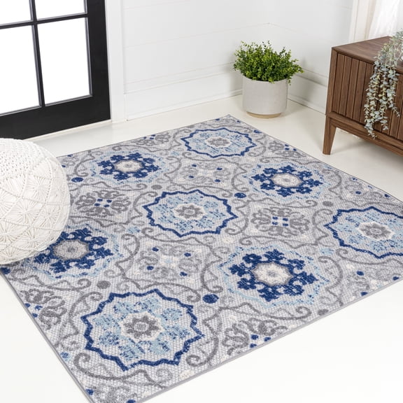JONATHAN Y AMALFI COAST 5' Square Area Rug, Mediterranean Medallion - Blue/Gray, AMC101A-5SQ