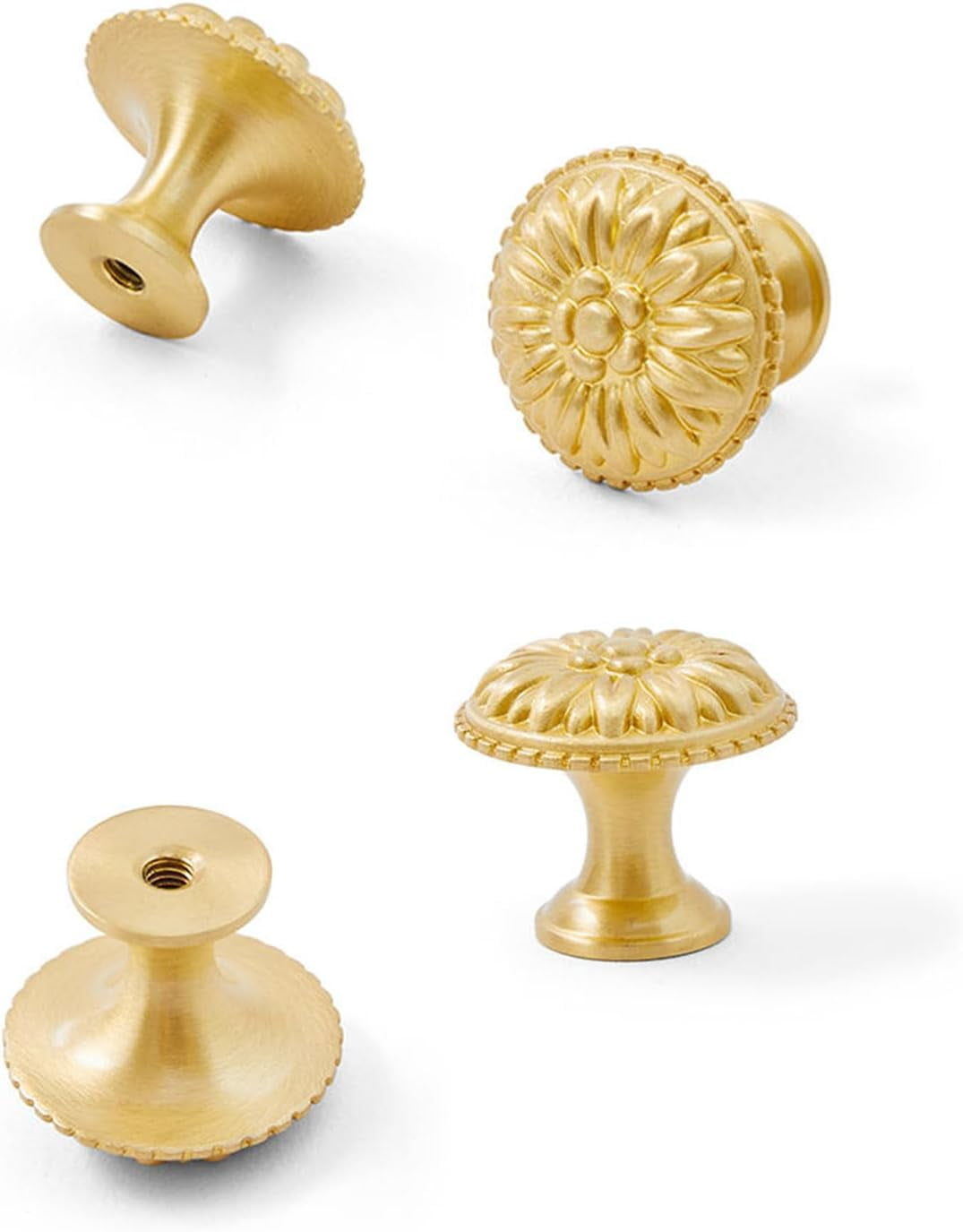 CATPAN 4PCS Gold Brass Drawer Knobs, Solid Copper Gold Brass Cabinet Knobs Decorative Knob Vintage Antique Flower Round Brushed Gold Solid Copper Drawer Cabinet Dresser Knob Pull Handle