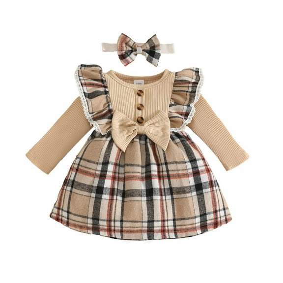 IVEYRTF Fall and Winter Childrens Plaid Skirt Round Neck Long Sleeved Dress with Headband Set Casual Party Daily Wear for Girls Toddler Outfit(Khaki,3 Months)
