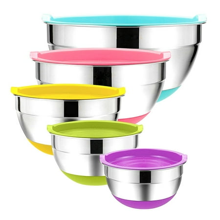 

5Pcs Stainless Steel Mixing Bowls 18-26cm Diameter Metal Nesting Bowls with Colorful Airtight Lids Non-Slip Bottoms