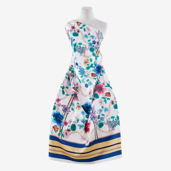 Zelouf Ballaz Floral Single Border Stripe Mikado  , Sewing, DIY, Crafts Fabric by the Yard, Ivory/multi, 3 Yard