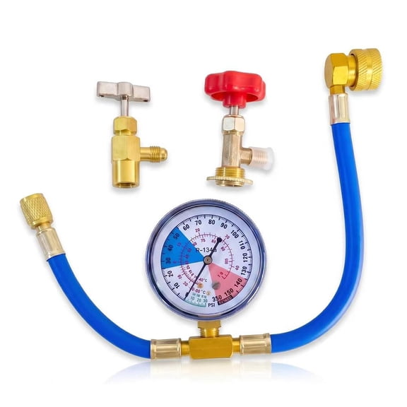 R134a Refrigerant Charging Hose Kit with Pressure Gauge 0-350PSI, Forged Brass Copper AC Recharge Tool