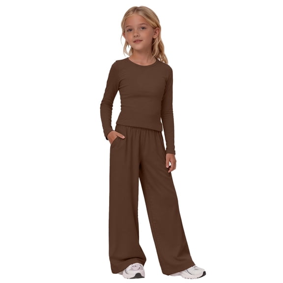 CPNG Girls 2 Piece Outfit Set Solid Color Long Sleeve Slim Top and Matching Wide Leg Lightweight Casual Sweatsuit Set