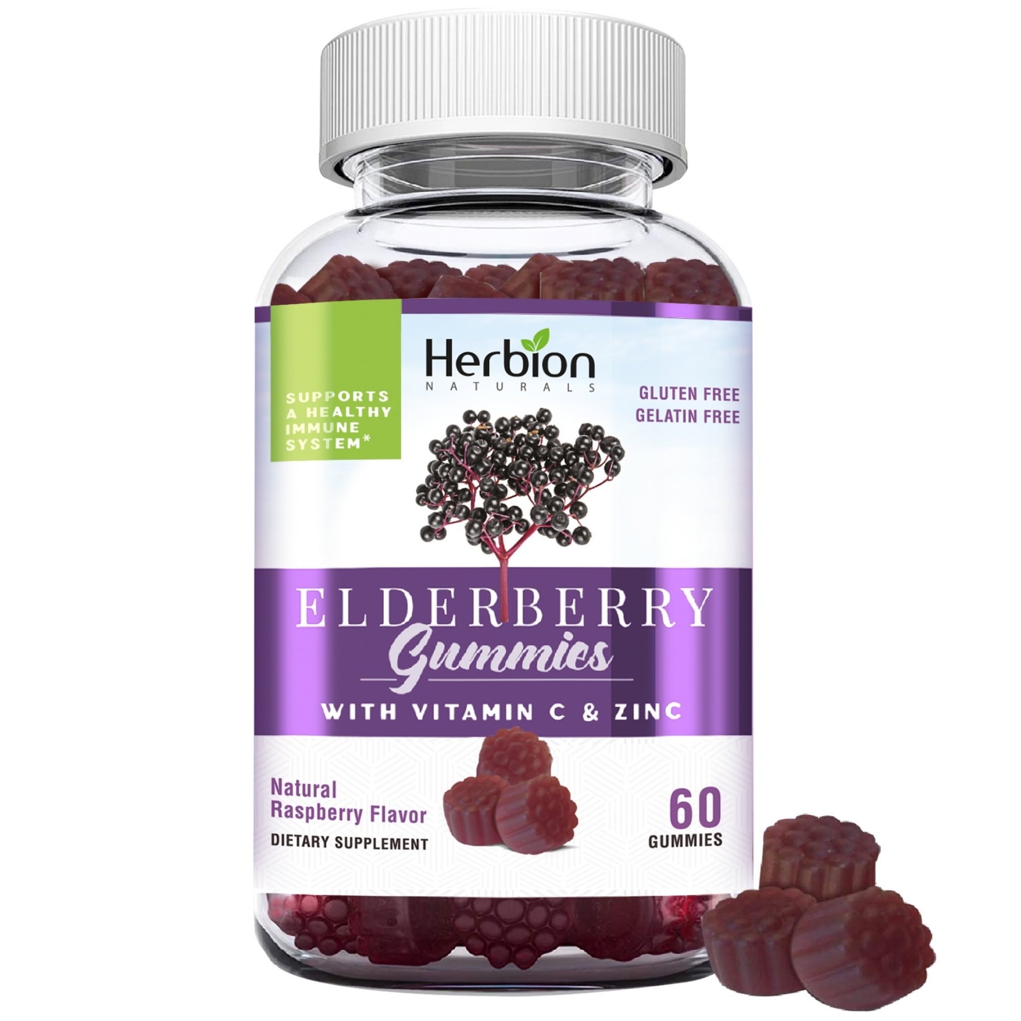 Herbion Elderberry Gummies with Vitamin C & Zinc, Immune Support, Gluten-Free, 60 Gummies for Adults & Kids 4+