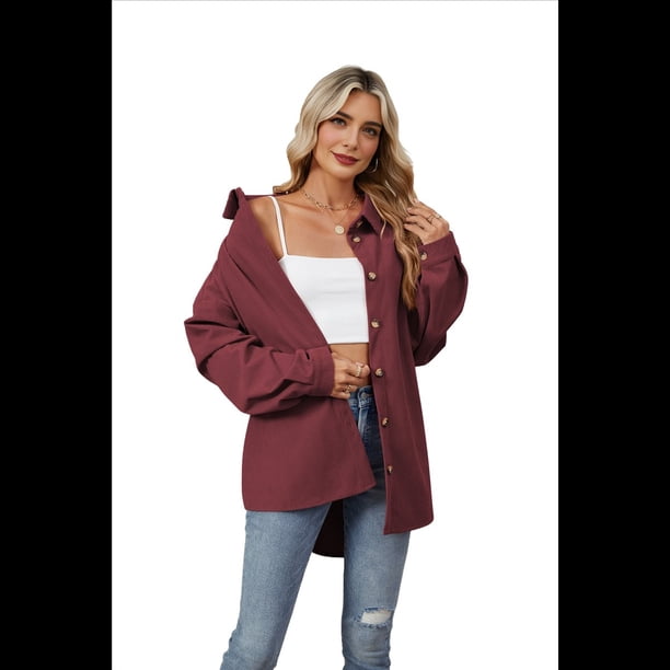 Camisas de con Botones para Mujer, Elegantes, Informales, de Larga, Holgadas, con Bolsillo, Vino Tinto, Talla XL