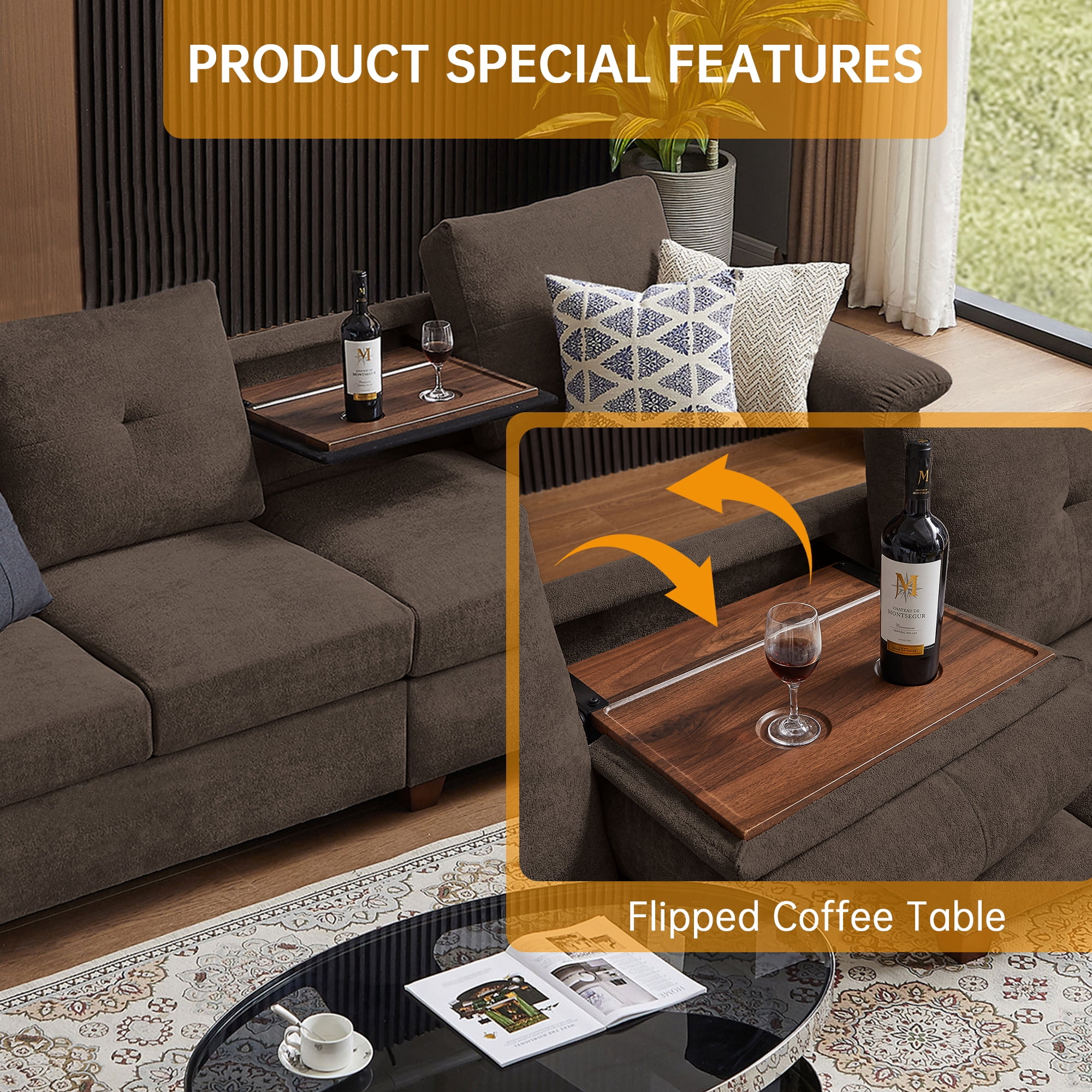 Jarenie Modern Microfiber Armchair, Convertible Sectional Sofa with Storage, 4 Seat L Shaped Couch, Dark Coffee
