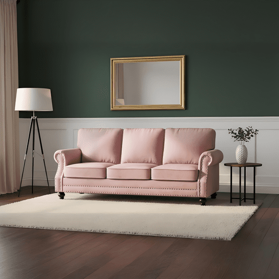3-Seater Traditional Velvet Sofa, Nailhead Trim Upholstered Couch With Solid Wood Turned Legs For Living Room Decor