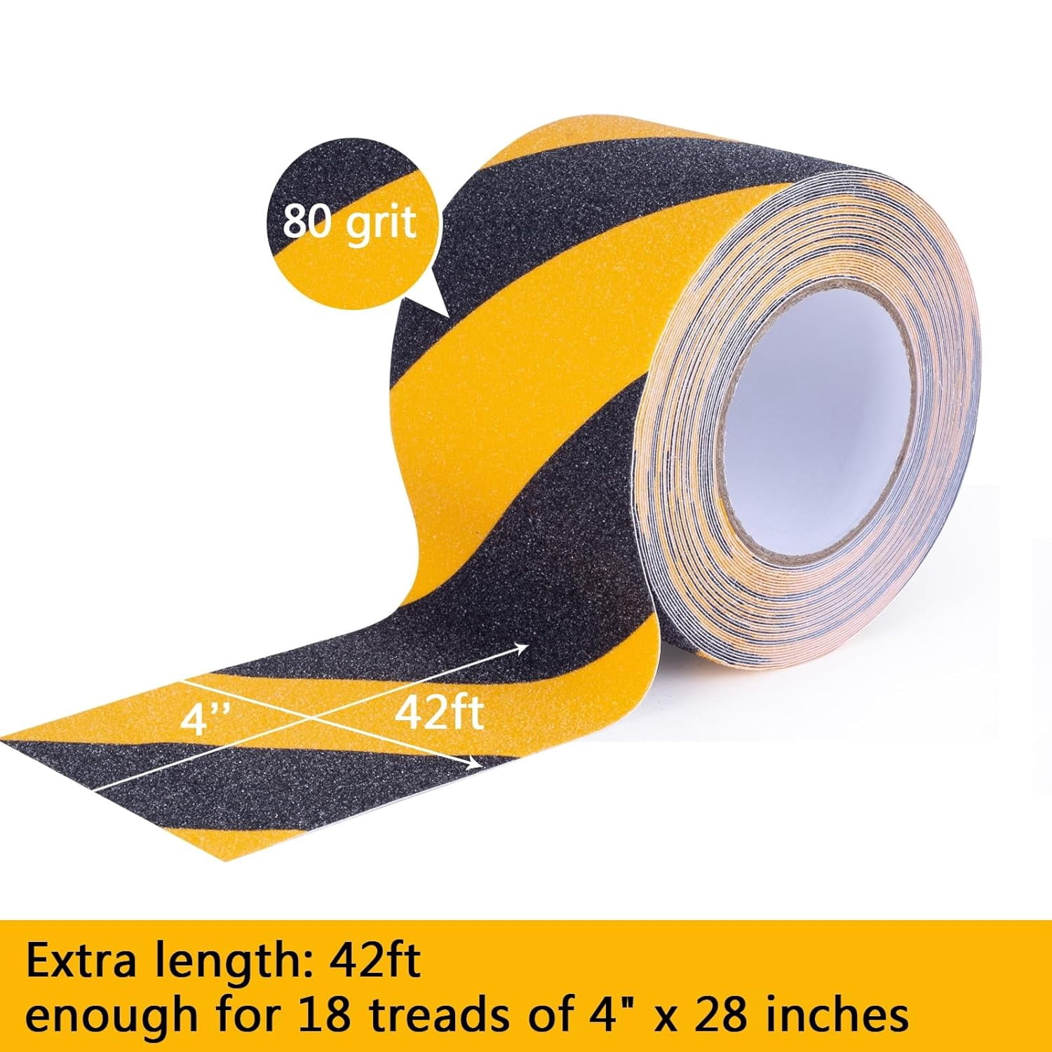 Anti Slip Tape, 4 Inch x 42 Ft Grip Tape for Stairs Outdoor/Indoor, Waterproof Non Skid Roll for Stair Treads Non Slip, High Traction Friction Abrasive Adhesive Stair Steps, Caution Yellow/Black