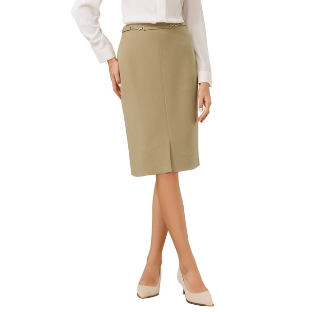 Falda de lápiz de negocios para mujeres Inspire Chic, cintura alta, formal, hasta la rodilla, talla 2XL, color caqui