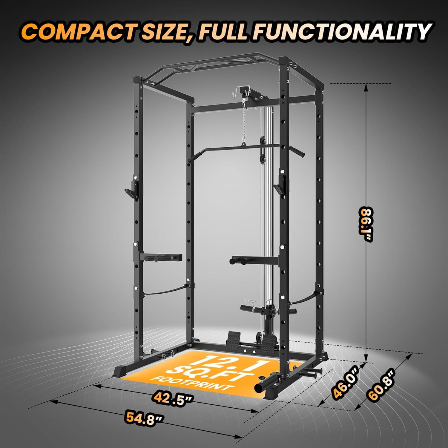 Hetoy 1600 Lbs Power Rack for Home Gym Squat Rack with Cable Pulley System & LAT Pull Down Workout Cage Strength Training Weight Cage with Dip Bar & J Hooks for Multiple Exercises,Black
