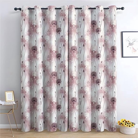 Pink Wildflower Blackout Curtains, Mauve Thistle and Dandelion Patterned Curtains for Bedroom, Living Room Decor, Room Darkening Thermal Insulated Grommet Drapes-42"W x 63"L (Pack of 2)