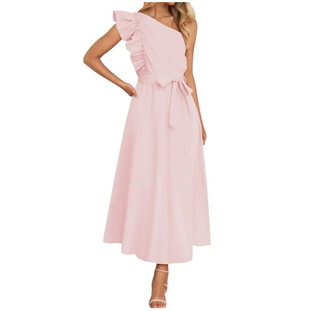 Wyzesi Robes de Fête pour Femmes Élégantes Fluides Robe d'Été pour Femme à une Épaule à Volants Sans Manches Bohème Fluide Robes Maxi Pyjamas de Noël Costume