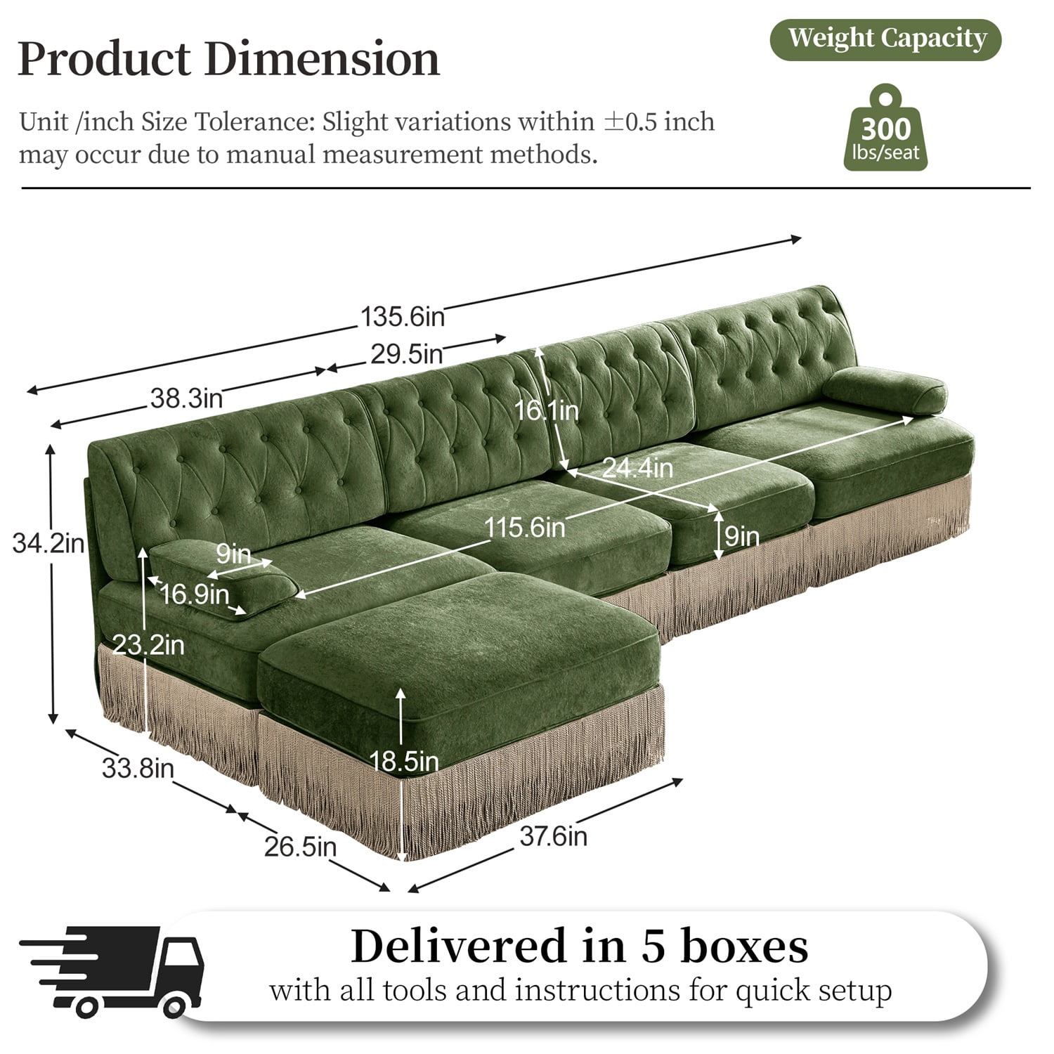 Hommoo 4-Seater Chesterfield Style Velvet Fabric L-Shaped Sectional Sofa, Tufted Button Upholstered Design and Floor-grazing Tassel, Free Combination Sofa Couch Set, for Home, Green
