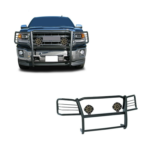 Black Horse Grille brush Bumper Guard Modular Black Come With pair of 7.0"Dia.LED Lights with Black Trim Rings Compatible with 2019-2022 GMC Sierra 1500 Limited|2014-2018 GMC Sierra 1500-17GS12MA-PLB