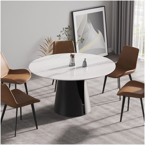 Sintered Stone Round Dining Table for 6 Persons, White Durable Table with Black Metal Base, Modern Pedestal Table for Kitchen and Dining Room