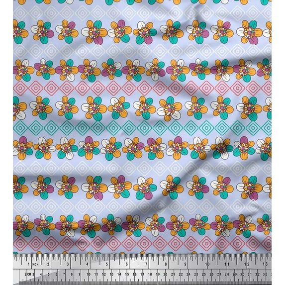 Soimoi Velvet Fabric Diamond Shape & Floral Artistic Print Fabric by The Yard 58 Inch Wide