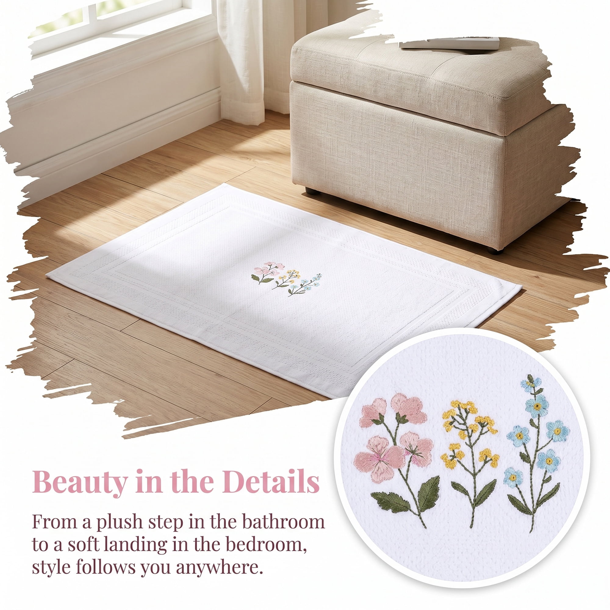 Unique Bargains Cotton Bathroom Absorbent Floral Embroidered Washable Mat White 24"x16"