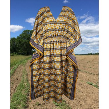 Beach Kaftan Maxi Dresses, Yellow Blue Recycle Silk Kaftan One Size