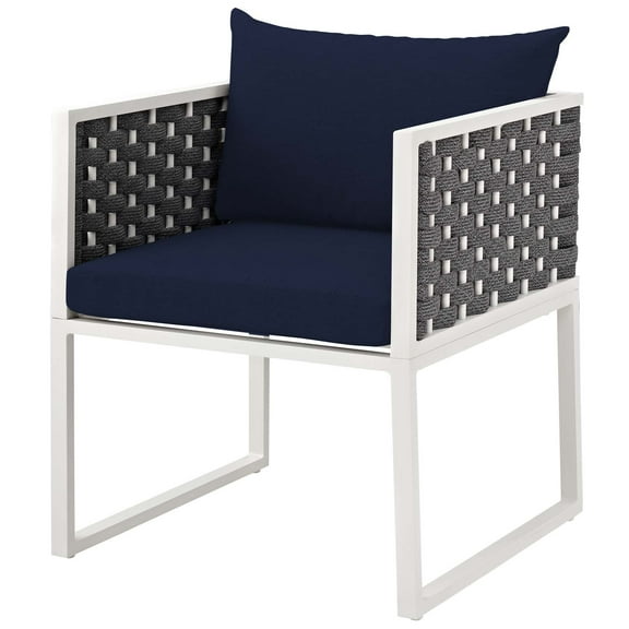 Contemporary Modern Urban Designer Outdoor Patio Balcony Garden Furniture Side Dining Armchair Chair, Fabric Metal Aluminum Steel, Navy Blue White
