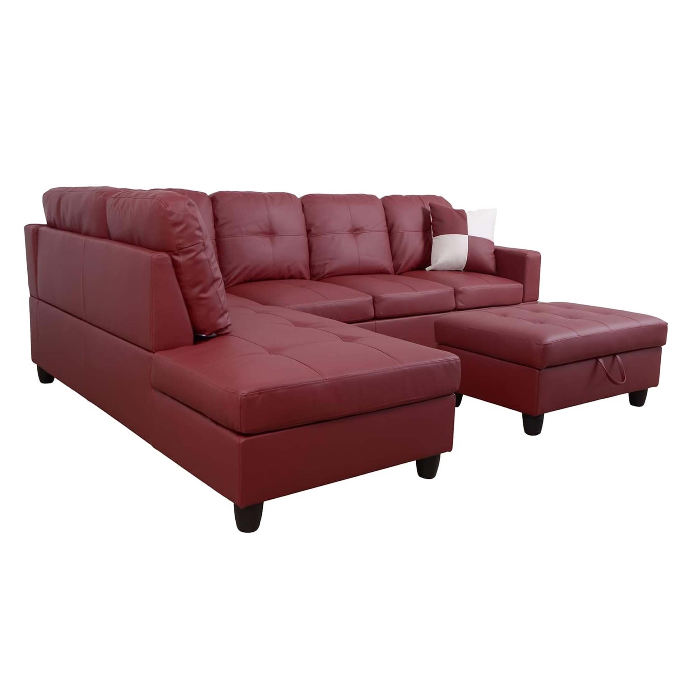 Momspeace Living Room Sectional Couch with Storage Ottoman, Modern PU Leather L-Shaped Sofa Couch Set - Red