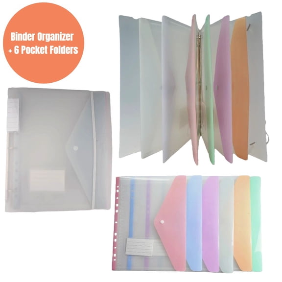 A4 3-Ring Binder with 6 Pastel 11-Hole Snap-Closure Folders, Refillable Storage Book Cover for 3-Hole Planner Inserts