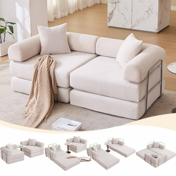 Firscook 73" Modular Convertible Sofa Bed, 4-Piece Folding Couch with Removable Armrests, Corduroy Sleeper Sofa for Small Spaces, No Assembly,Beige