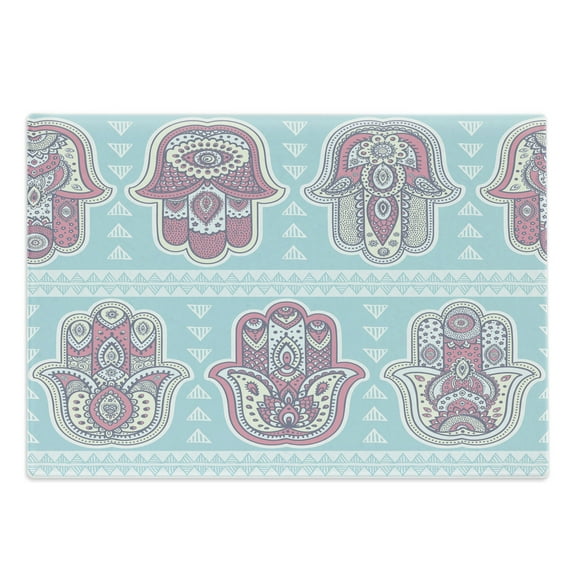Hamsa Cutting Board, Bohemian Style Pattern with Open Hamsa Hands Ornate Mandala Theme Art Boho Print, Decorative Tempered Glass Cutting and Serving Board, Large Size, Blue Pink, by Ambesonne