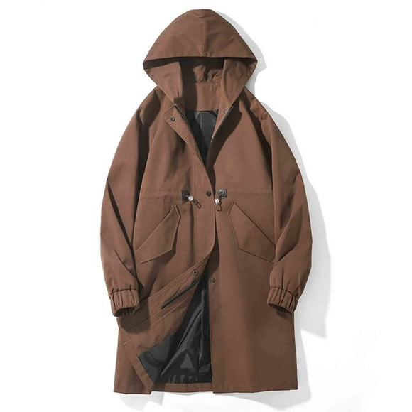 NTACZA Brown Jacket Men Water Resistant Hooded Trench Coat Mid-Length Full Zip Windbreaker Fall Coats for Men,M