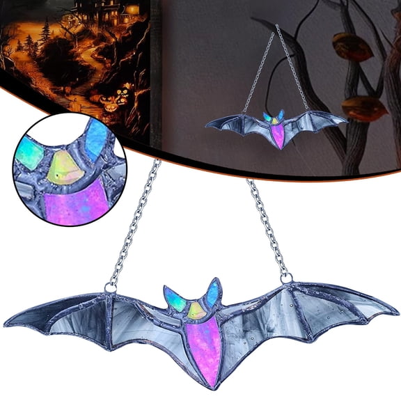olkpmnmk 2D Stained Glass Style Acrylic Bat Window Hanging Suncatcher, Colorful Halloween Bat Wall Art Ornament, Gothic Festival Hanging Decor Prop for Living Room, Home, Office, Kitchen, Wall Decor