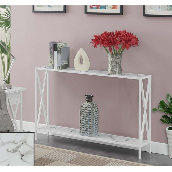Convenience Concepts Tucson Console Table with Shelf, White Faux Marble/White