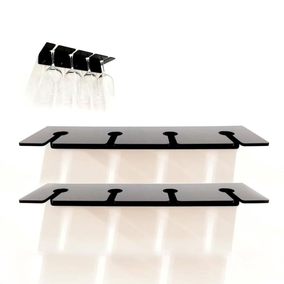 Xirurus Wine Glass Rack, Wall Mounted Stemware Holder for Kitchen & Bar - 2 Pack, Space Saving Acrylic Holds 8 Glasses, Black
