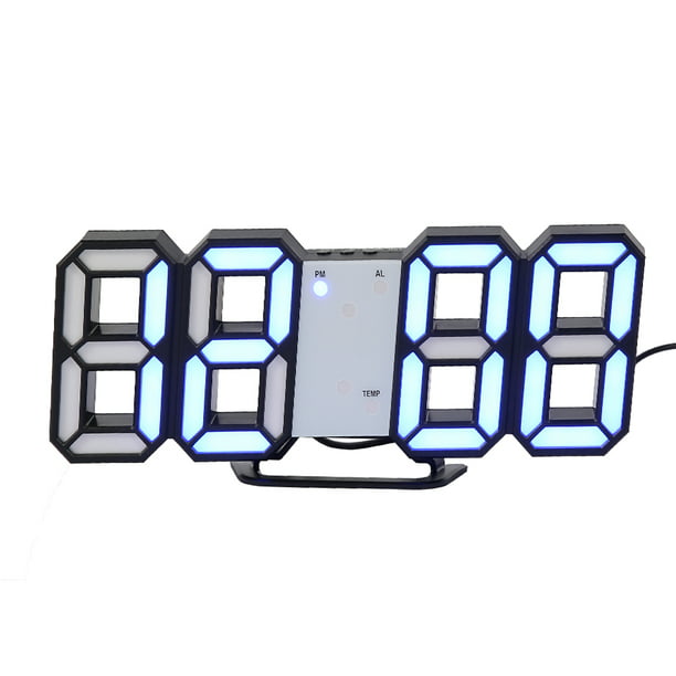 Willstar 1Set 3D Digital LED Night Wall Clock Display Temperature Modern  USB Plug-Blue Light Black Frame