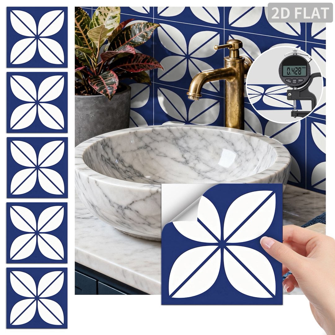 24Sheets Self Adhesive Wall Tile Sticker 7.9" x 7.9" Peel and Stick Waterproof Backsplash Flowers Decals for Kitchen Bathroom Decoration Blue White