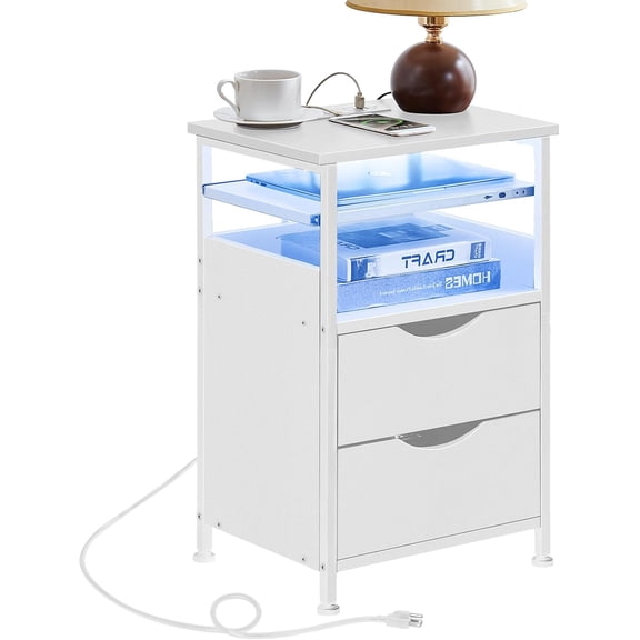 End Table with Charging Station, Narrow Side Table with 2 Drawers, Nightstand with 7 Color LED Light, Slim Bedside Table for Bedroom, Living Room, Small Spaces, White