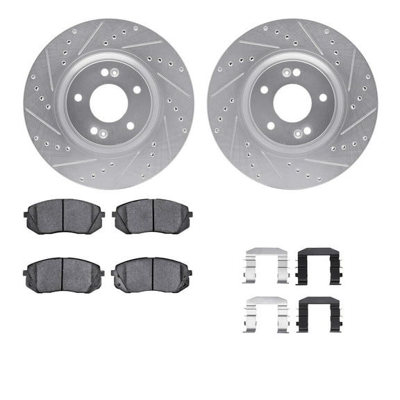 Dynamic Friction Company Front Brake Rotors-Drilled and Slotted-Silver with 5000 Advanced Brake Pads includes Hardware 7512-03044