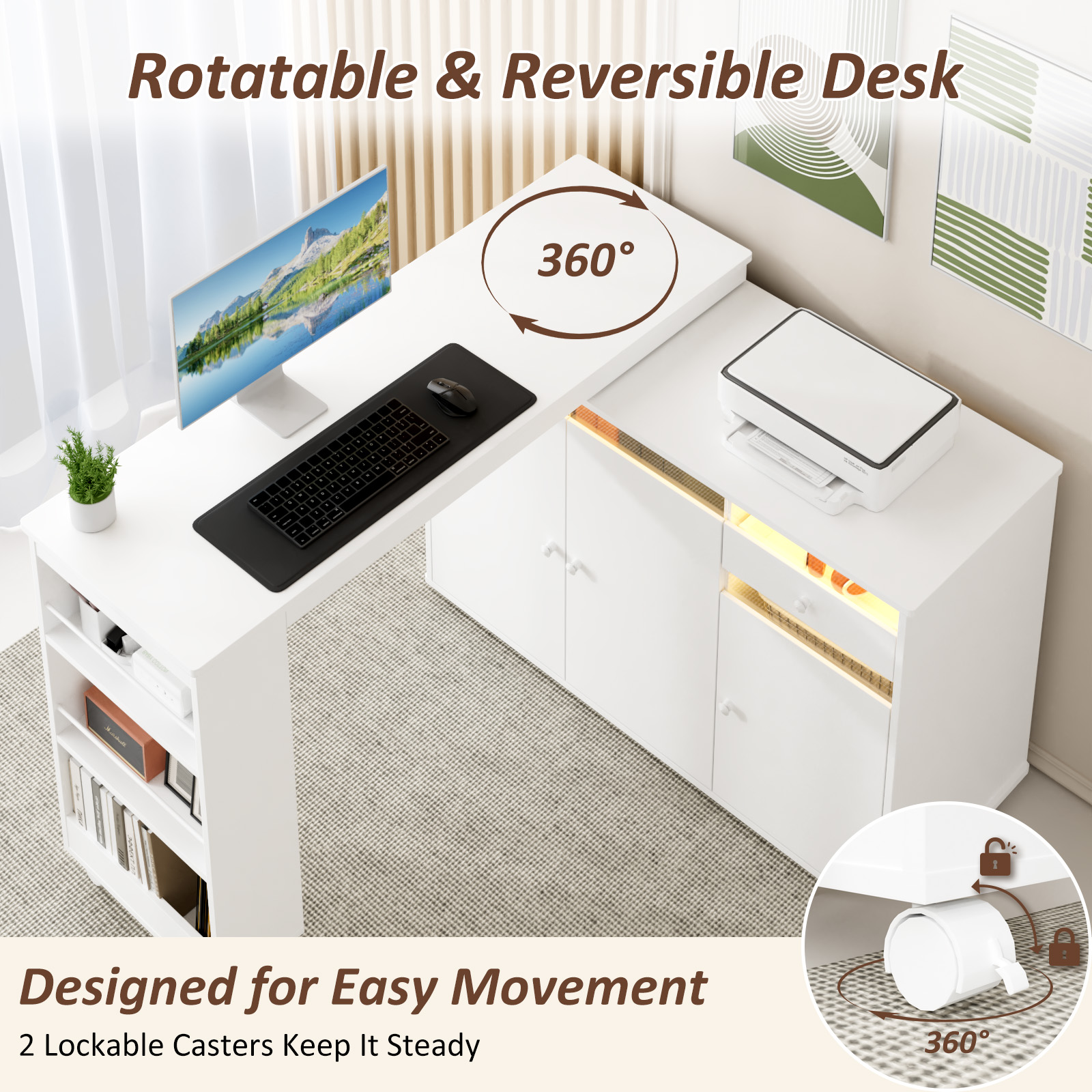 Advwin 53" Rotating L-Shaped Computer Desk with LED Light, Storage Cabinet, Drawer & Shelves, Modern Study Writing Table, Home Office Bedroom Workstation for Small Space, White