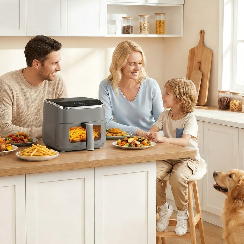 Sybels 4QT Digital Air Fryer: 1500W, Visible Window, 8 Presets, 400°F, 60-Min Timer, Auto Shut-Off, Dishwasher-Safe Basket, Gray