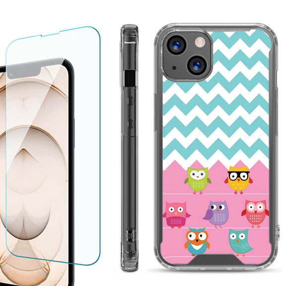 Shockproof Bumper Phone Case for iPhone 13, with Tempered Glass Screen Protector, by OneToughShield ® - Chevron/Teal/Owl