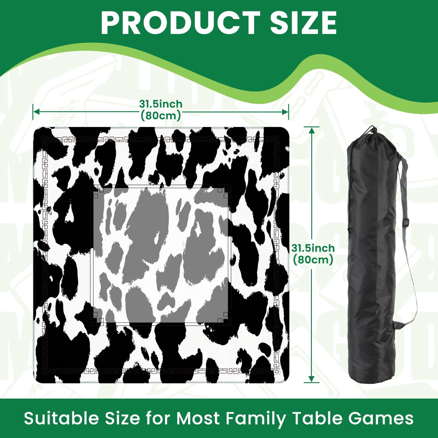 Mahjong Mat 31.5" x 31.5" Cow skin black white spot repeated seamless Animal Non-Slip Noise Reduction American Mahjong Tiles Table Cover for Dominoes Poker Card Board Games Gift