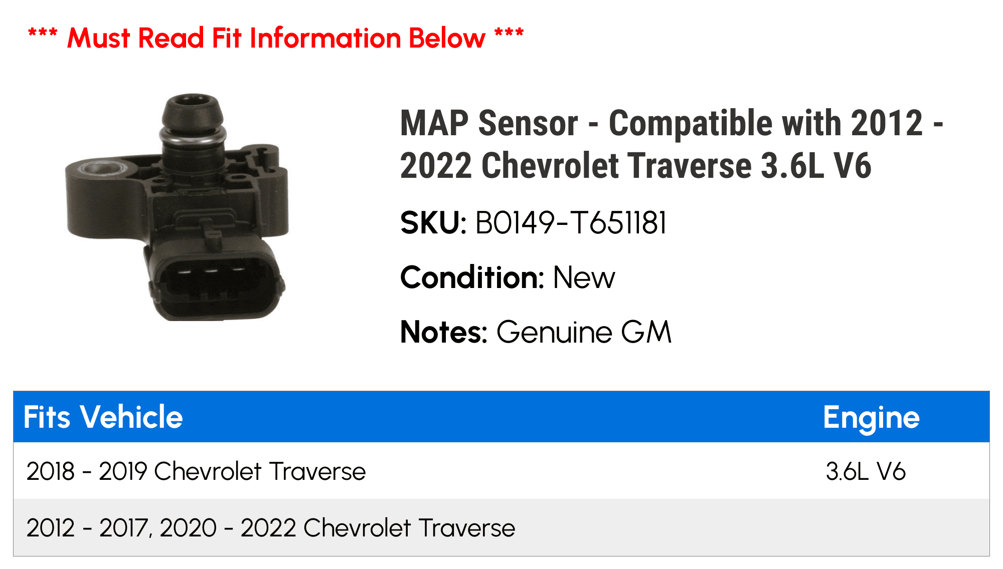 MAP Sensor - Compatible with 2012 - 2022 Chevy Traverse 3.6L V6 2013 2014 2015 2016 2017 2018 2019 2020 2021