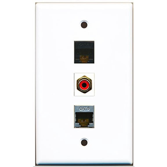 RiteAV - 1 Port RCA Red and 1 Port Shielded Cat6 Ethernet and 1 Port Cat6 Ethernet Black Wall Plate