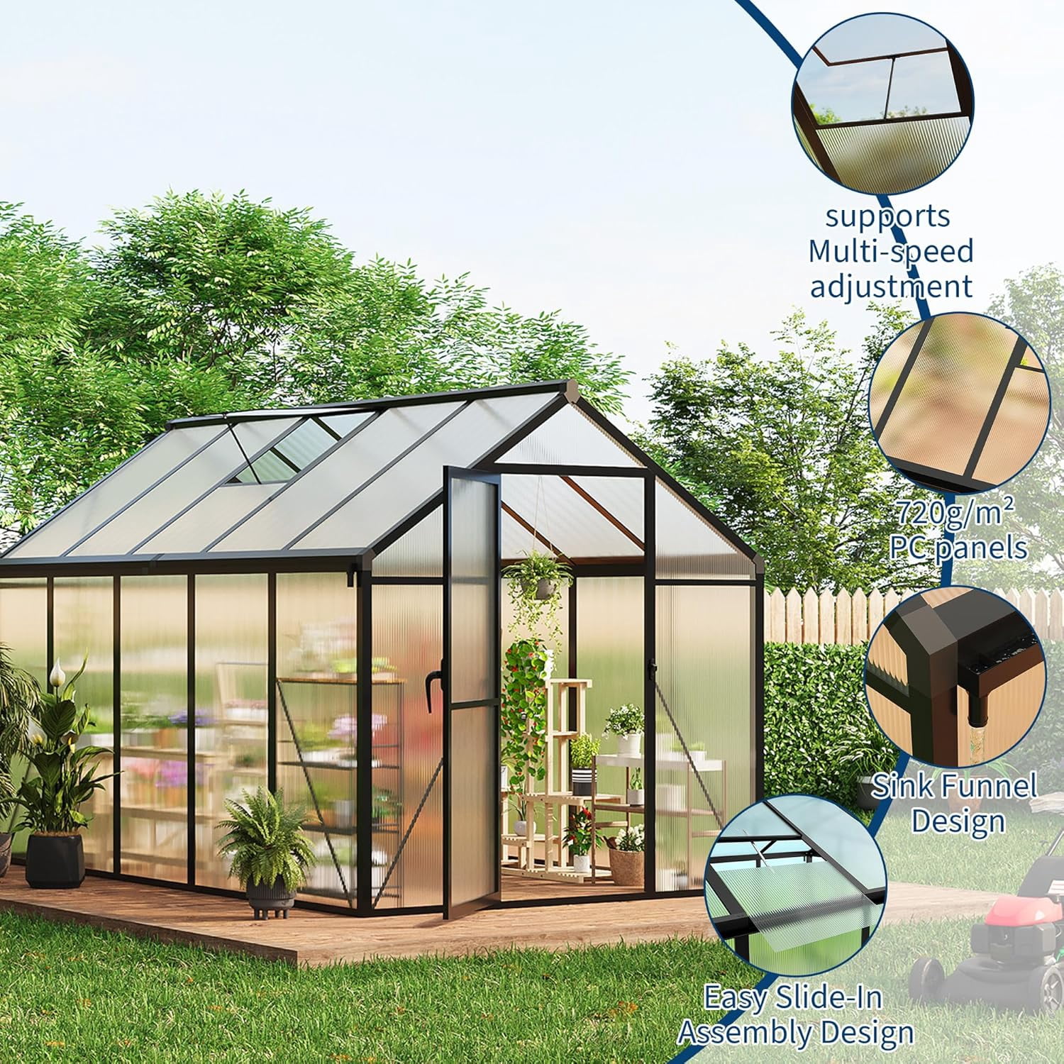 EastVita 6x10 FT Greenhouse for Outdoors Polycarbonate Greenhouse with Roof Vent Ground Nails Lockable Push Door Aluminum Large Walk-in Green House for Outside Garden Backyard Patio Lawn Black